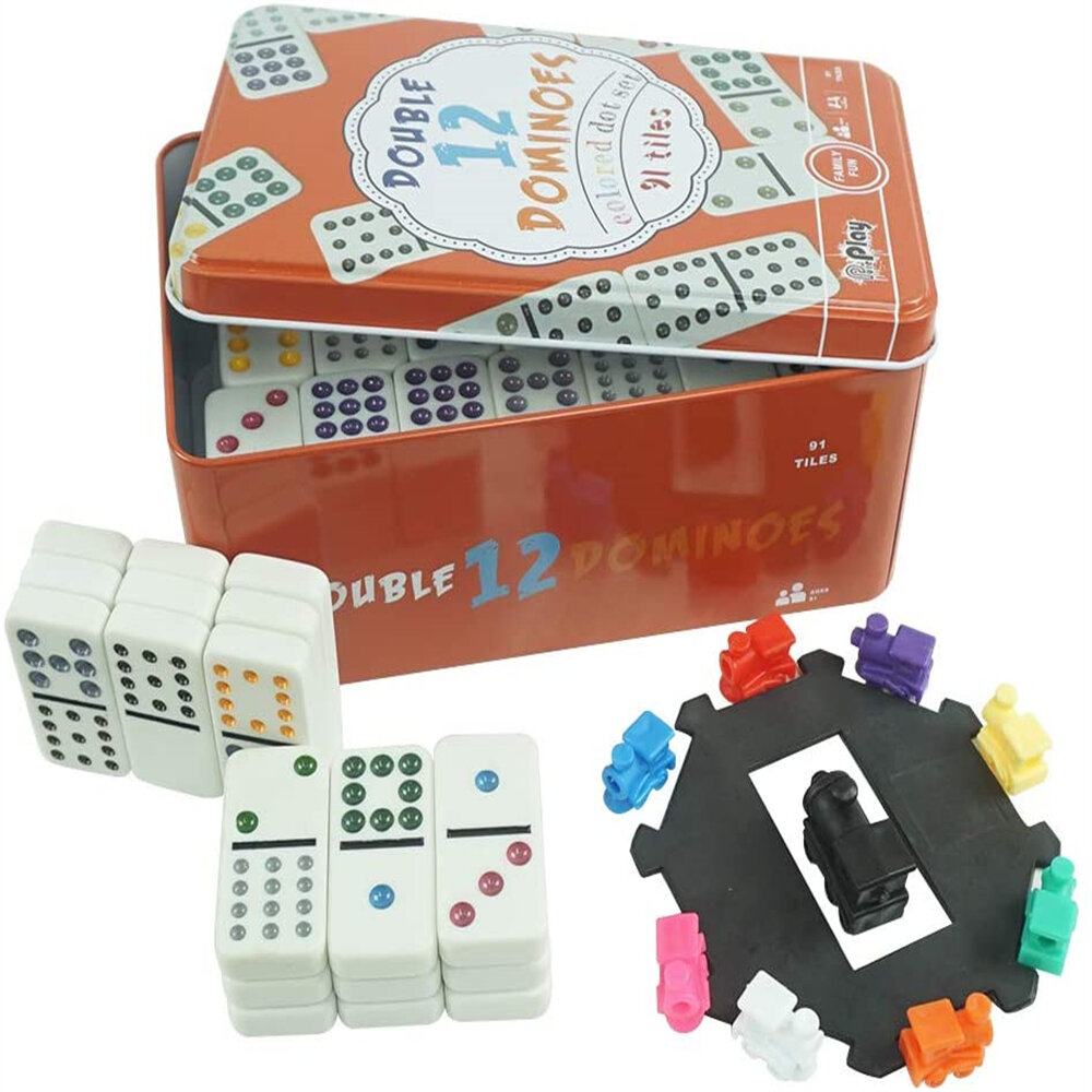 Classic Double 12 Colored Dot Dominoes Set，Mexcian Train Game,With Plastic  Pieces,91 Colored Dot Tiles And Durable In Tin Case For Adults And 