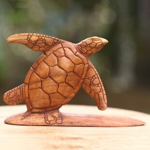 Detailed Wooden Carving Reptile Figurine Box Turtle Statue Cute Land Turtle 