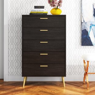 Brown Benjara 5 Drawer Wooden Chest with Angled Legs and Wavy Front 