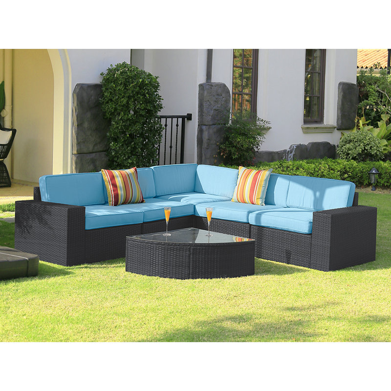 Latitude Run Six Piece Black Rattan Sofa Set Outdoor Furniture Sofa Set Terrace Sofa With 1 Coffee Table 2 Large Corner Sofas 3 Large Armless Sofas Suitable For Garden Swimming Pool Balcony Wayfair