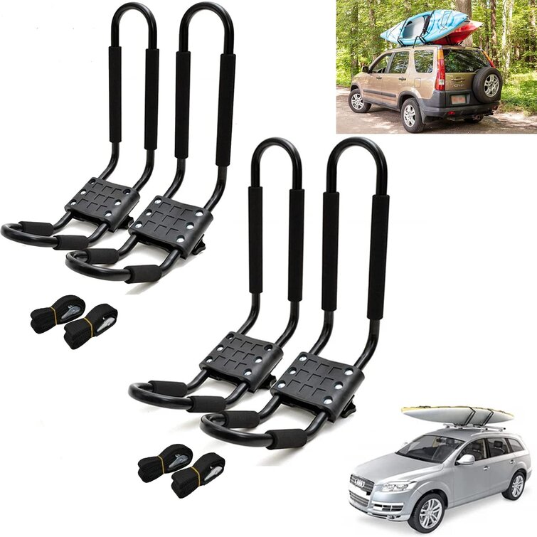 Adust 2 Pair J-Bar Rack for Kayak Carrier Canoe Boat Paddle Board Surfboard Roof Top Mount on Car SUV Truck Crossbar with Ratchet Lashing Straps 