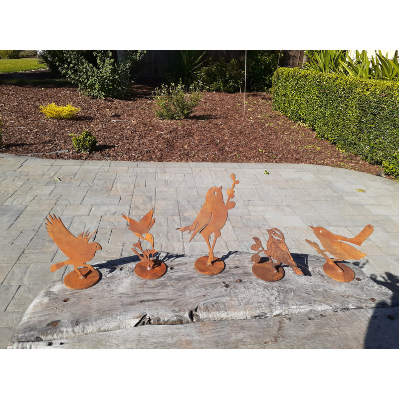August Grove Metal Rustic Birds On Base 5 Piece Garden Art Set Wayfair