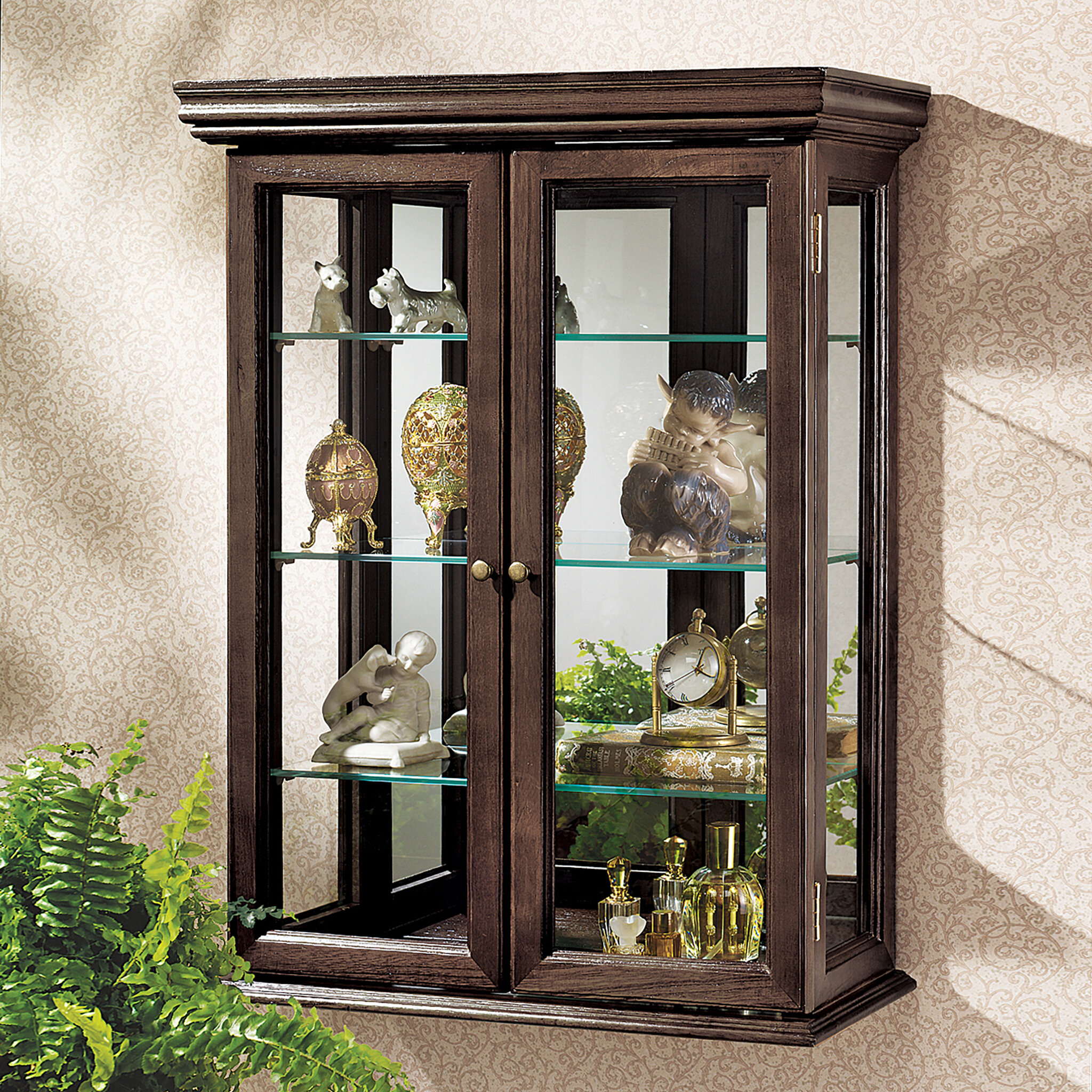 HOME Single Glass Display Cabinet White with Mirror Back 4 Moveable Glass Shelves & Spotlight 
