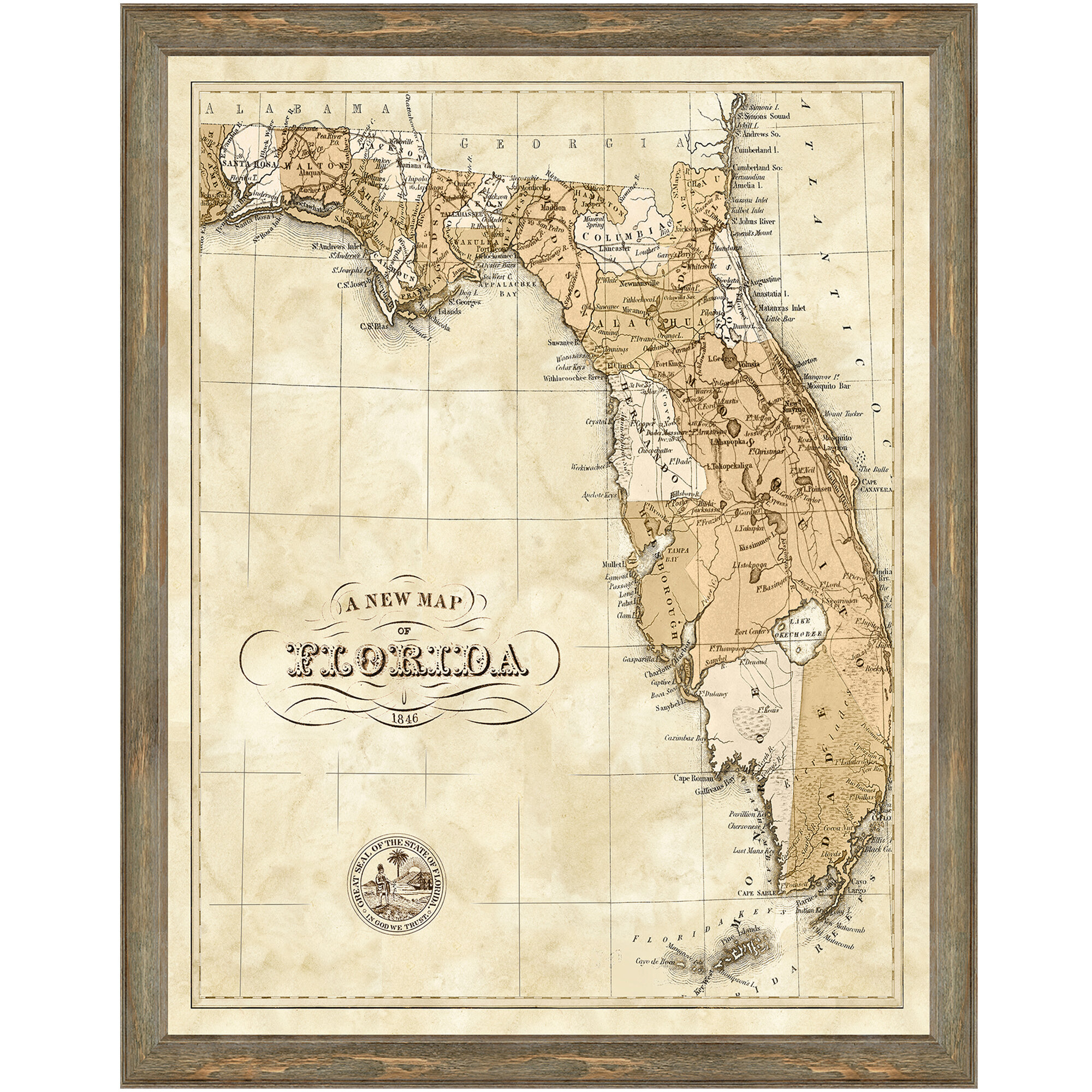 Framed Map Of Florida Charlton Home® 'Map of Florida' Framed Graphic Art Print | Wayfair