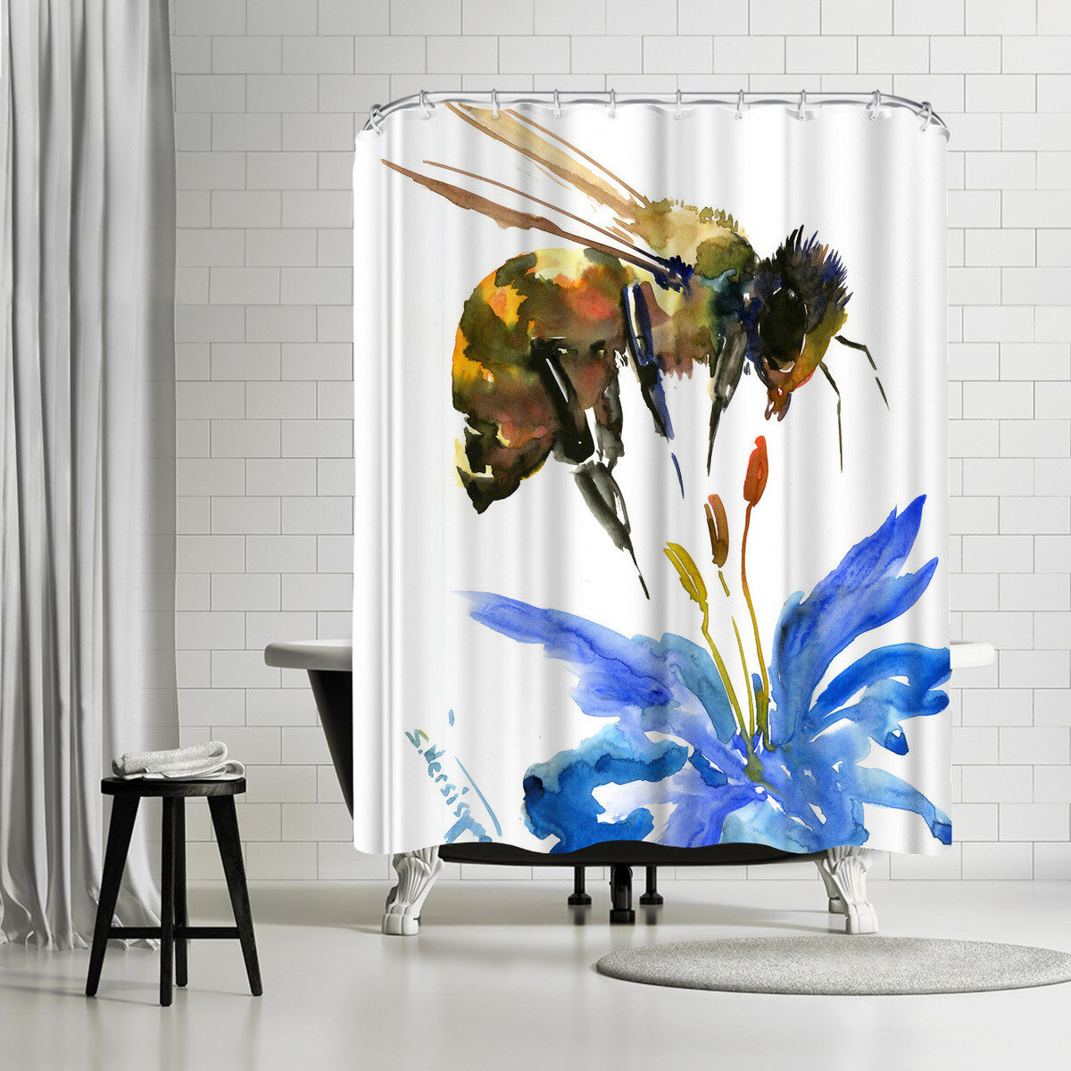East Urban Home Suren Nersisyan Bumblebees and Flowers Single Shower Curtain