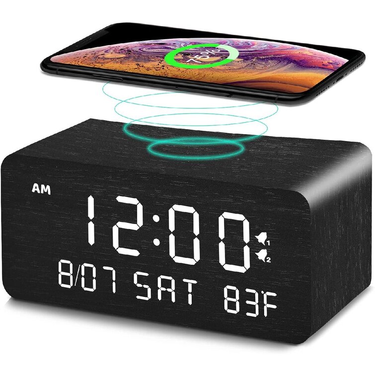 New LED Digital Alarm Clock Mobile Phone Wireless Charging Wood Clock Radio 