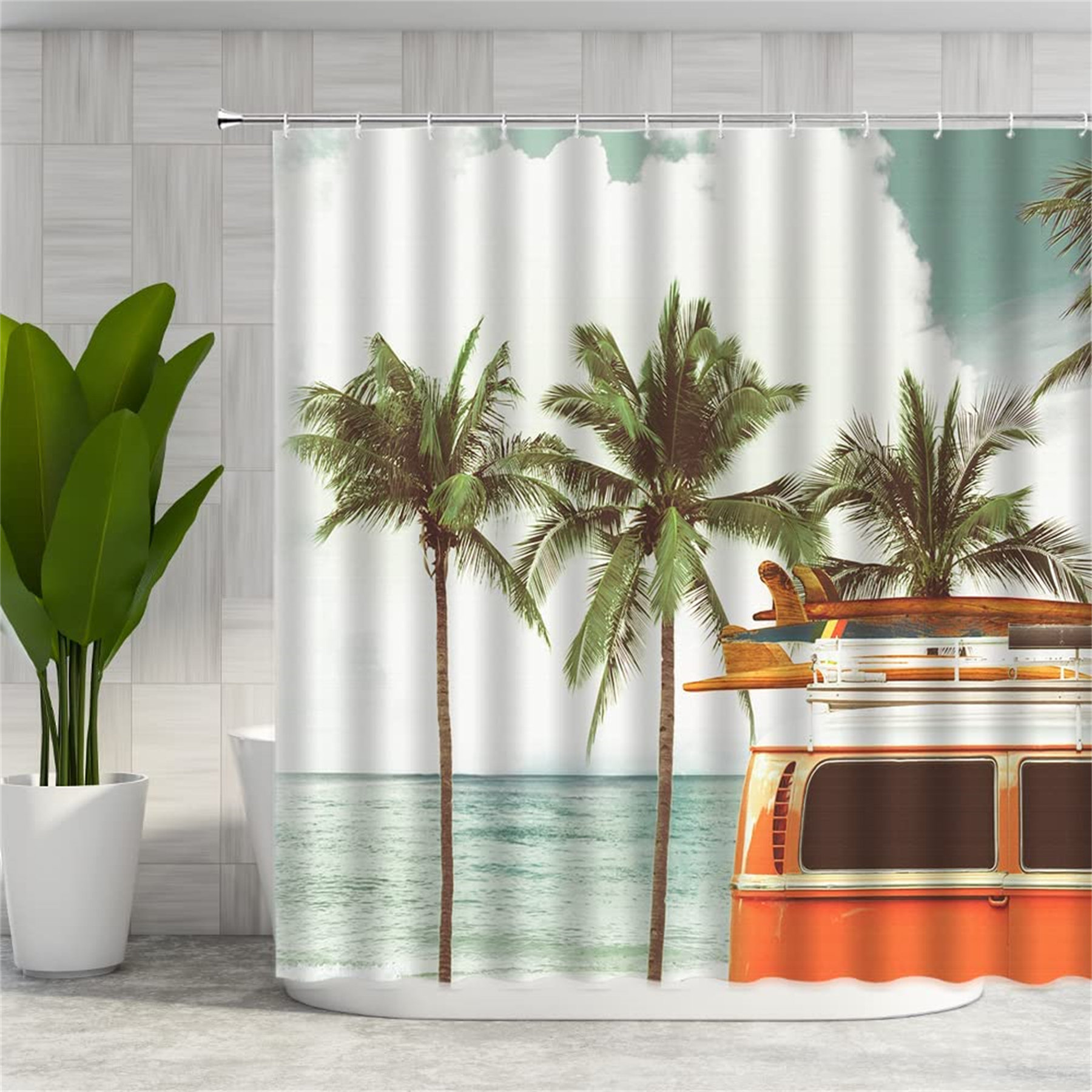 100% Polyester Fabric Beach Tourist Bus Surfboard Shower Curtain Bathroom Hooks 