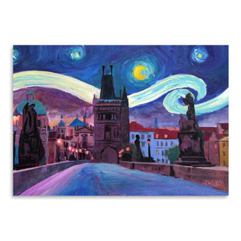 East Urban Home Starry Night In Prague Van Gogh Inspirations On Charles Bridge In Czech Republic Painting Print Wayfair