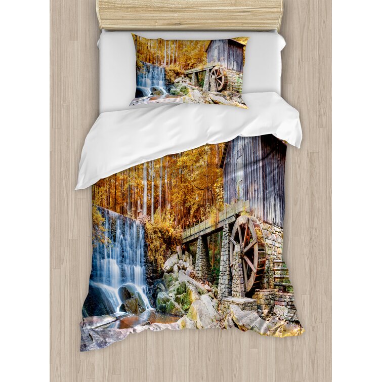 Waterfall Quilted Bedspread & Pillow Shams Set Historic Mill Autumn Print