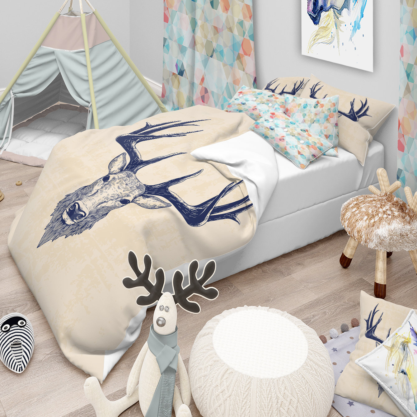 East Urban Home Designart Deer Head Portrait Sketch Animals Duvet