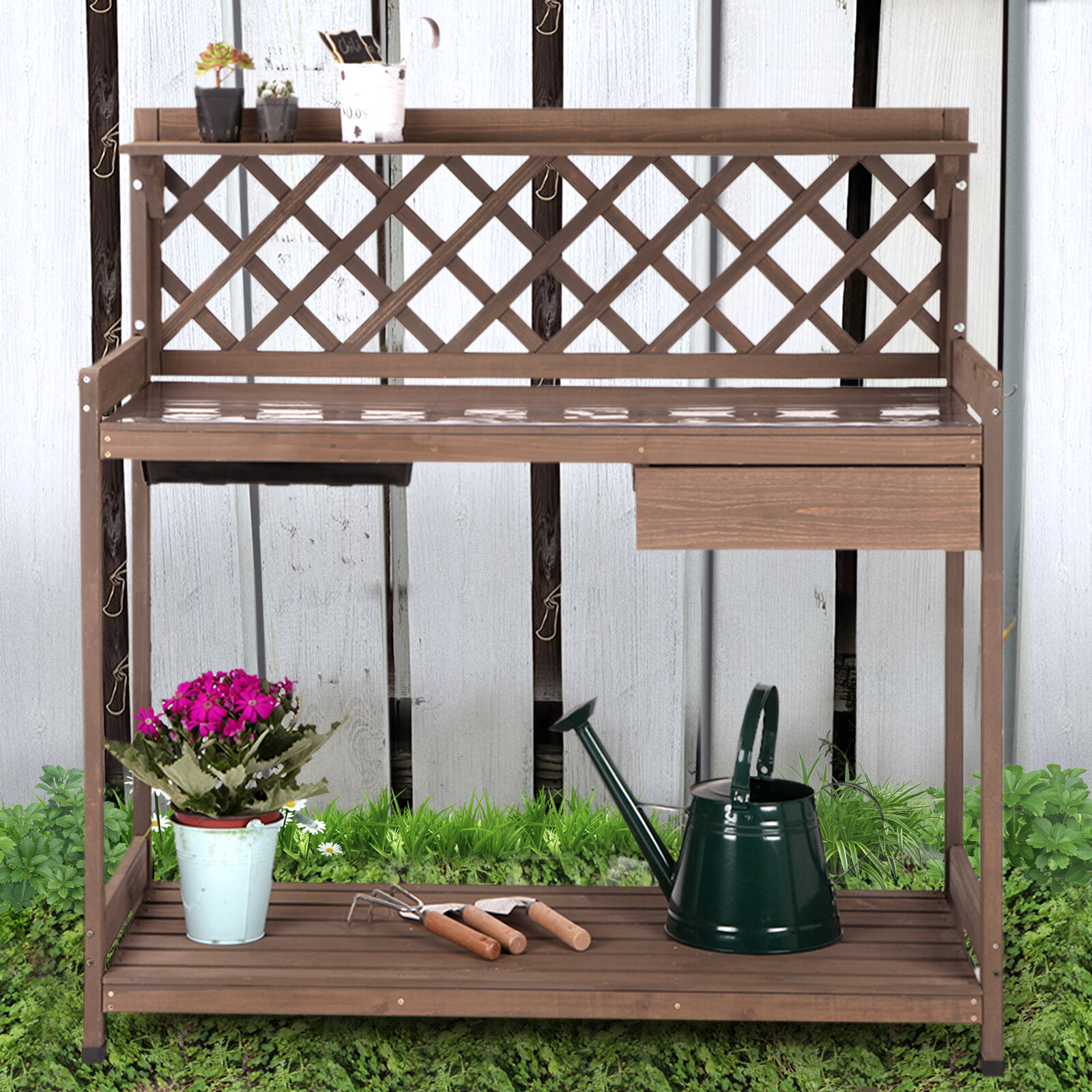 Outdoor Potting Table Bench Garden Planting Wood Shelves Work Station with Hook 