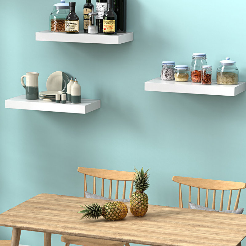 Godfree 3-Piece Wood Floating Shelves, Wall Shelf for Bathroom, Kitchen, Bedroom Storage & Decor with Hidden Brackets Finish: White