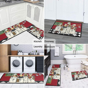 3 FAT CHEFS,2 THUMBS UP rect.,red EXTRA LONG TEXTURED KITCHEN RUG 20"x40" KD 