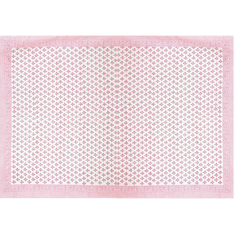 Cotton Block Print Tablecloth Rectangle 60x90 inches Coral Peach White 
