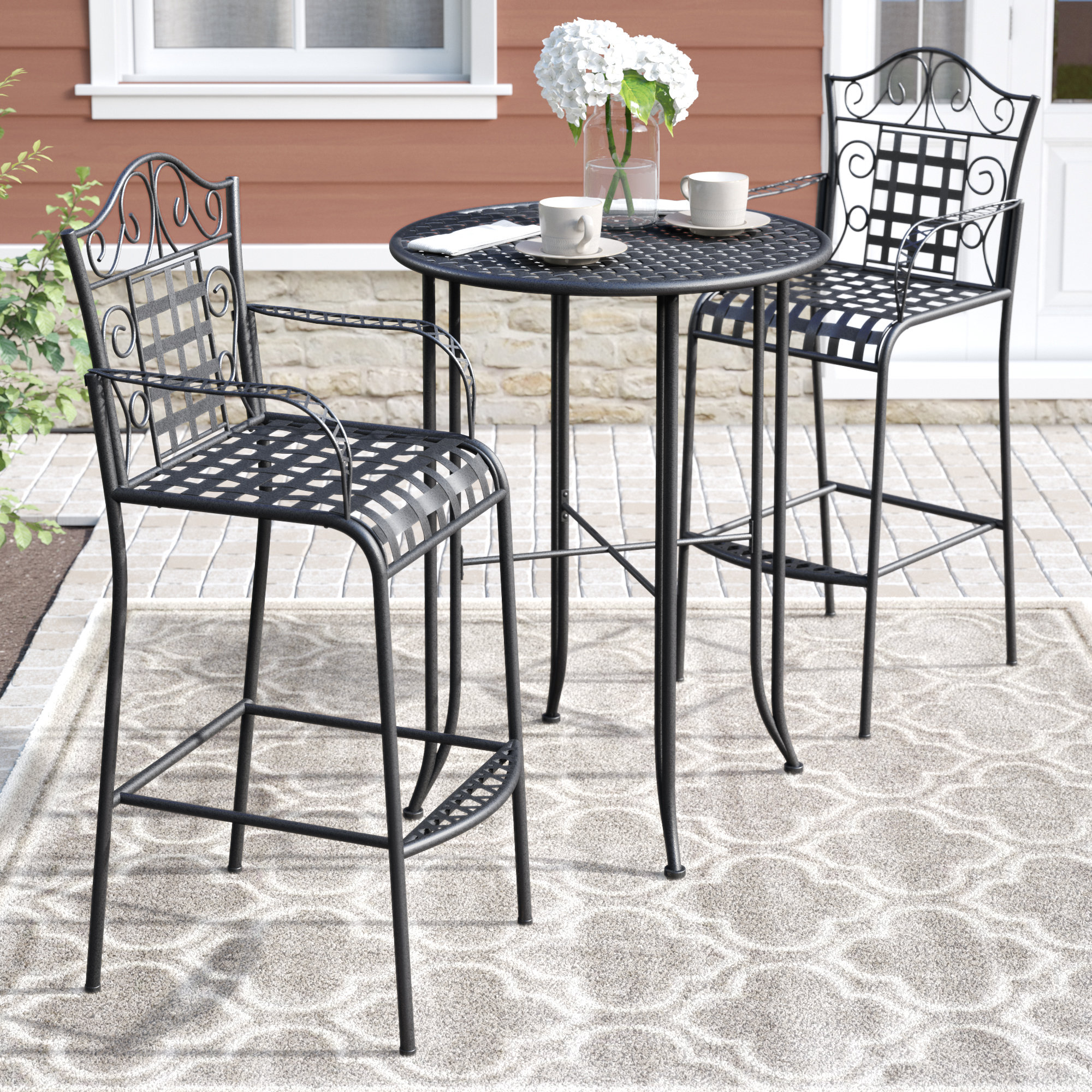 Three Posts Snowberry 3 Piece Wrought Iron Bar Height Bistro Patio Set