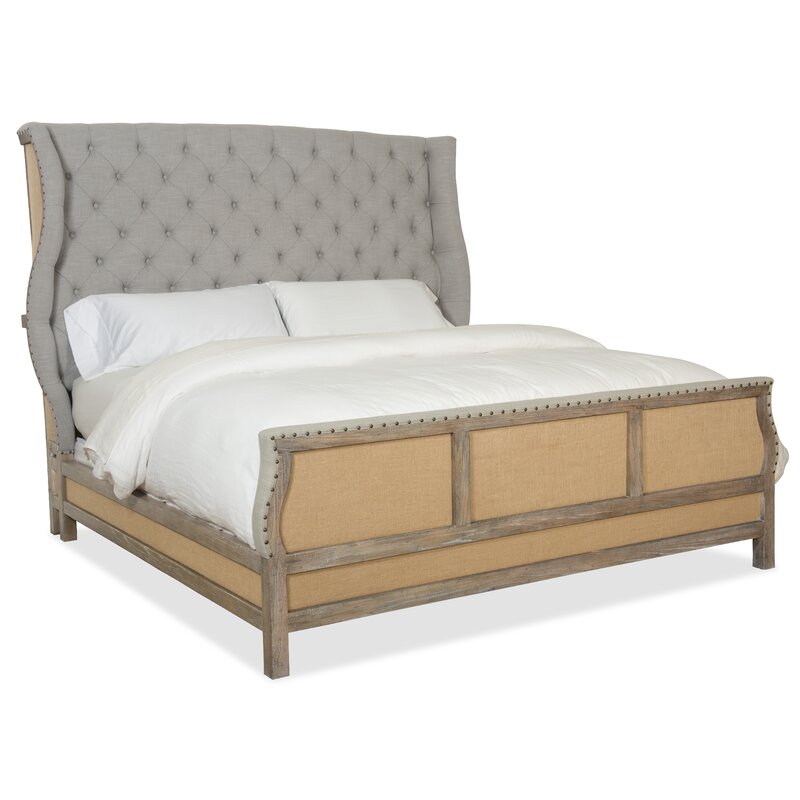 La Boheme bed with Antwerp Belgian linen tufted headboard and rustic burlap - Hooker Furniture