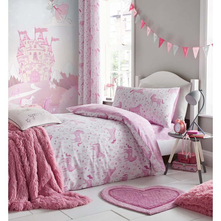 Girls Fairy Castle Pink Single Dreamscene Unicorn Kingdom Duvet Cover with Pillow Case Reversible Star Stripe Bedding Set