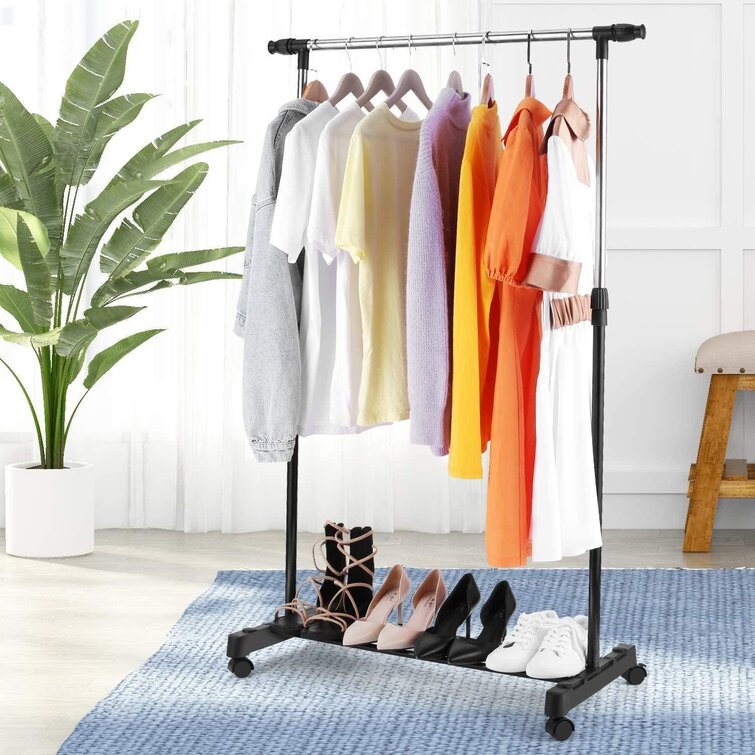 Rolling Clothing Rack On Wheels for Organizing and Hanging Clothes with Bottom Shelf for Storing Shoes Height Adjustable Garment Rack with Single Expandable Bar