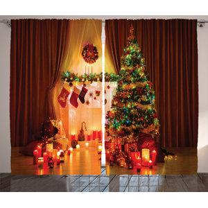 Christmas Decorations New Year in House with Lights and ative Objects Peaceful Place Photo Graphic Print & Text Semi-Sheer Rod Pocket Curtain Panels (Set of 2)