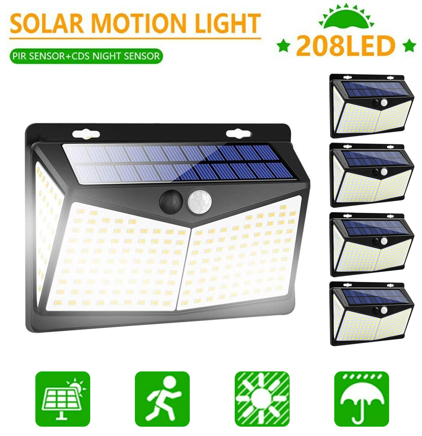 208 LED PIR Motion Sensor Solar Power Waterproof Garden Light Outdoor Yard Lamp 