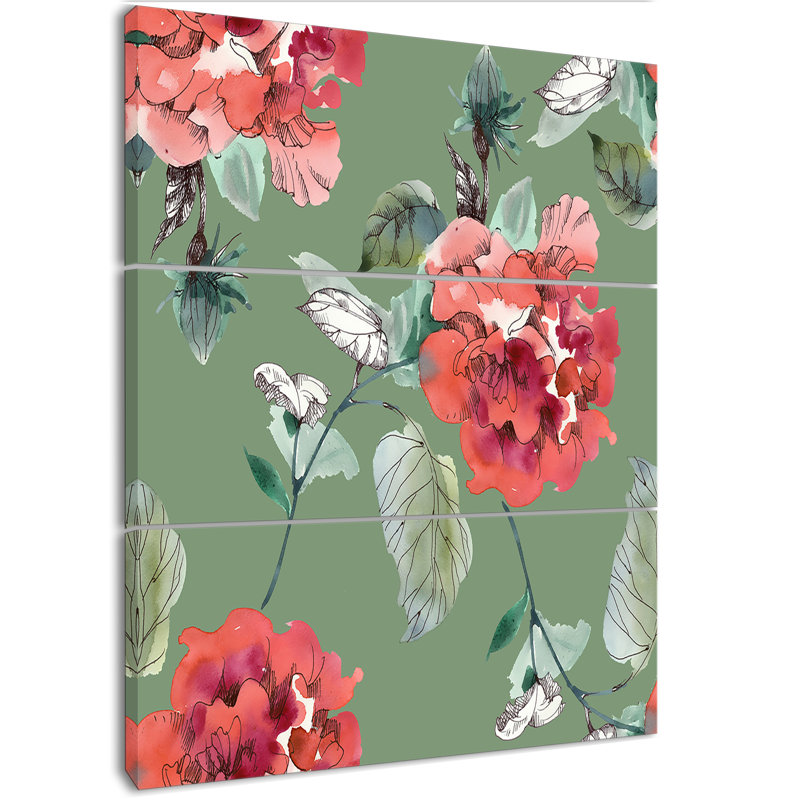 East Urban Home Red Flowers In Green Background Oil Painting