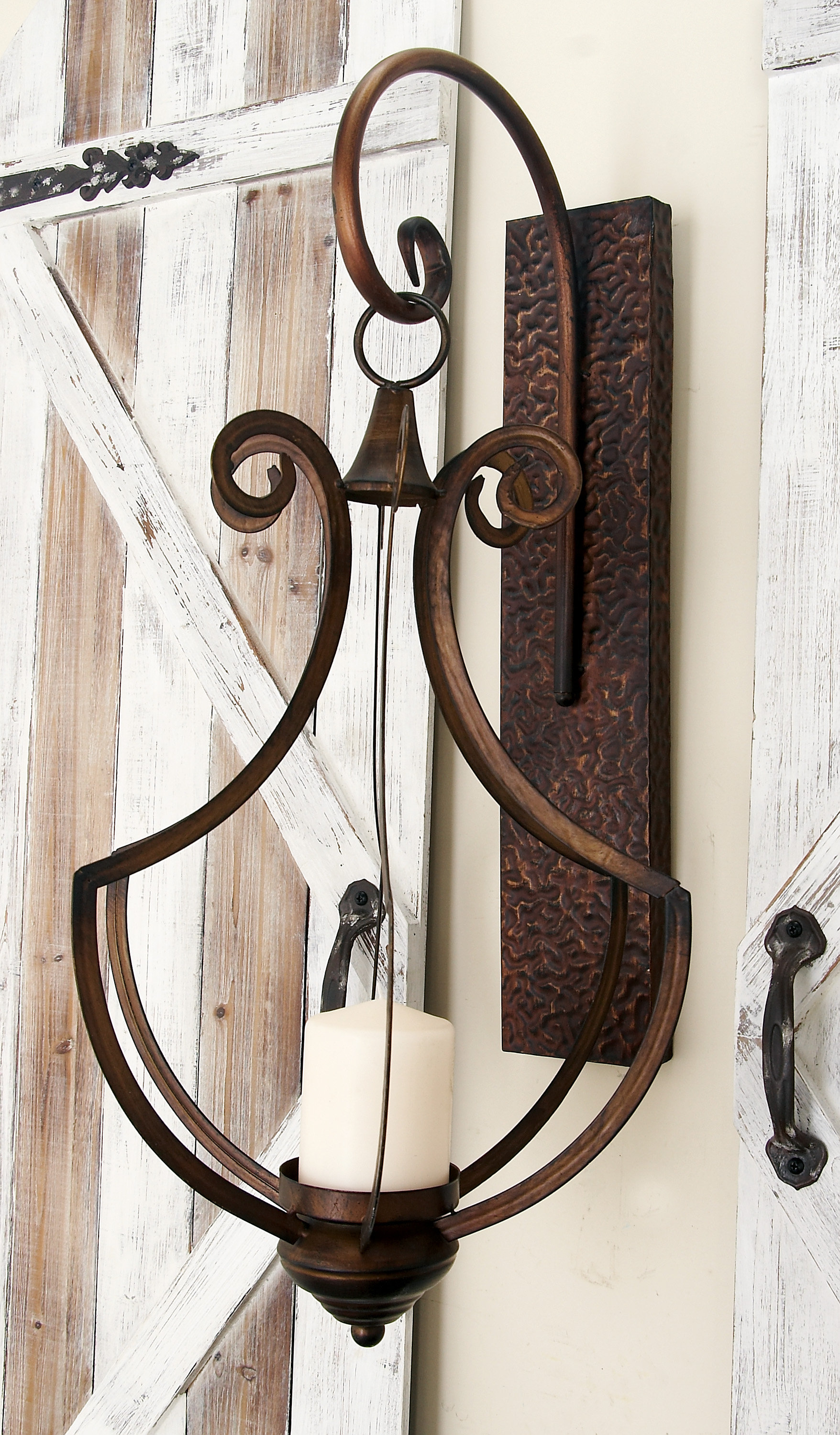 Wooden Vintage Style Antique Pewter Iron Hurricane Candle Holder Wall Sconce