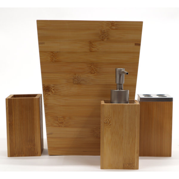 Modern 4 Piece Bamboo & Ceramic Square Mixed-Material Bathroom Accessory Set