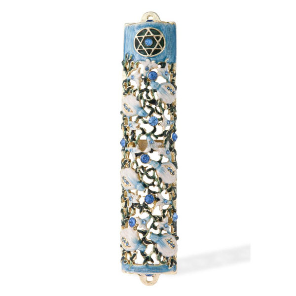 Blue 3.5 Quality Judaica Modern Jeweled Mezuzah Case with Flowers