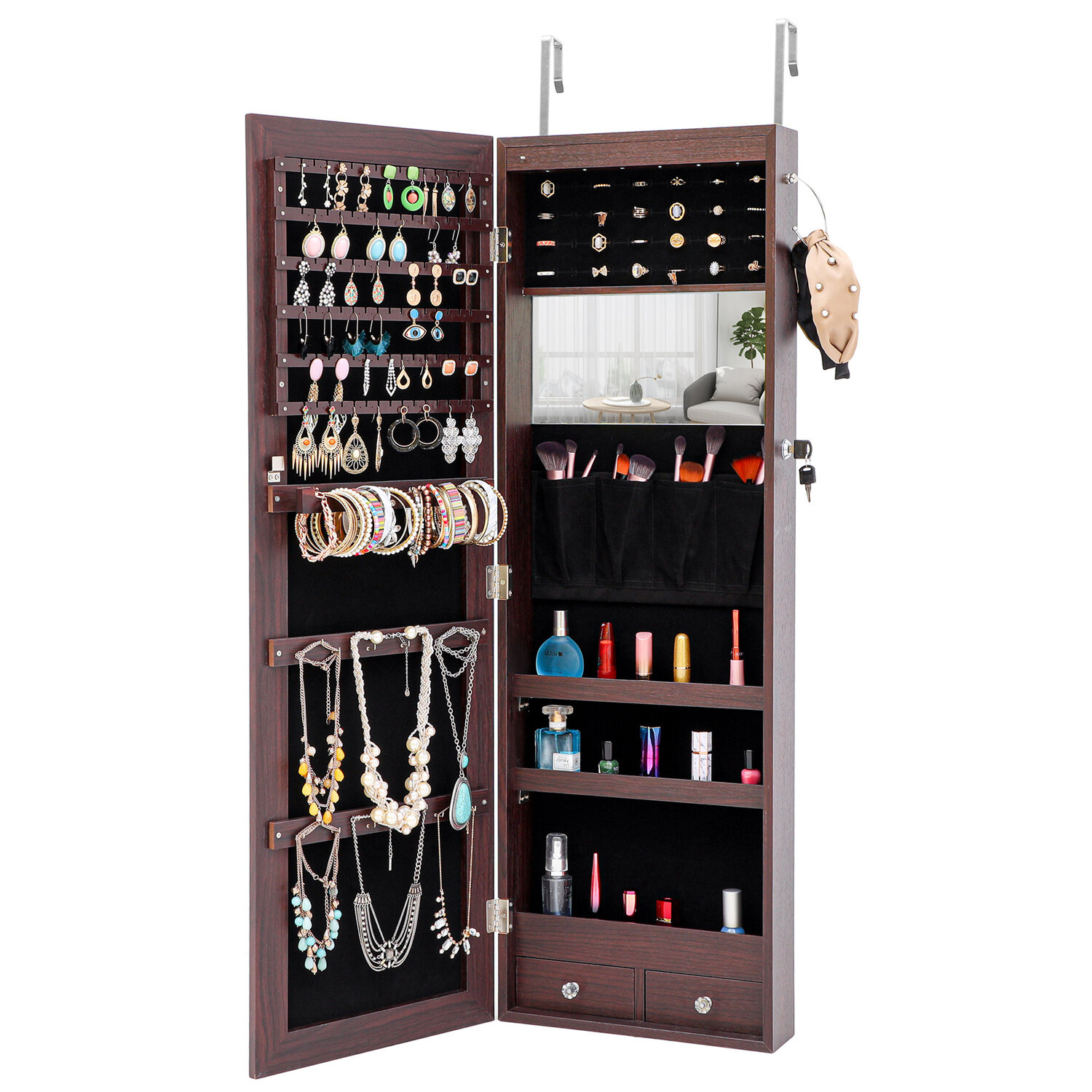 Details about   Jewelry Cabinet Armoire Free Standing 8 LED with Full Mirror Organizer Brown 