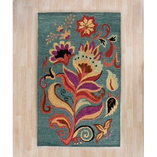 Broadmoor Hand Hooked Wool Dark Green Teal Area Rug Tapete