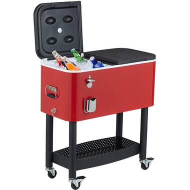 Portable Patio Party Bar Cart with Shelf and Bottle Opener 80 Quart Rolling Drink Cooler Ice Bin Chest on Wheels 
