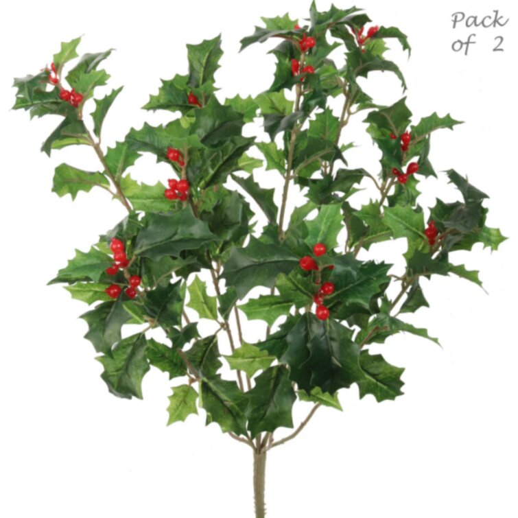Variegated Green Pack of 3 Artificial Holly Bush Spray With Red Berries 