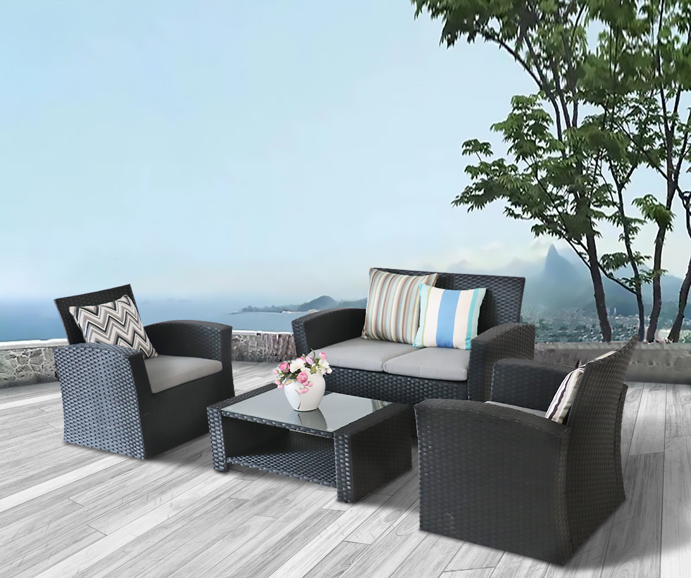 Latitude Run Outdoor Furniture B1 4piece Cushion Pe Wicker Rattan Garden Set Wayfair Ca