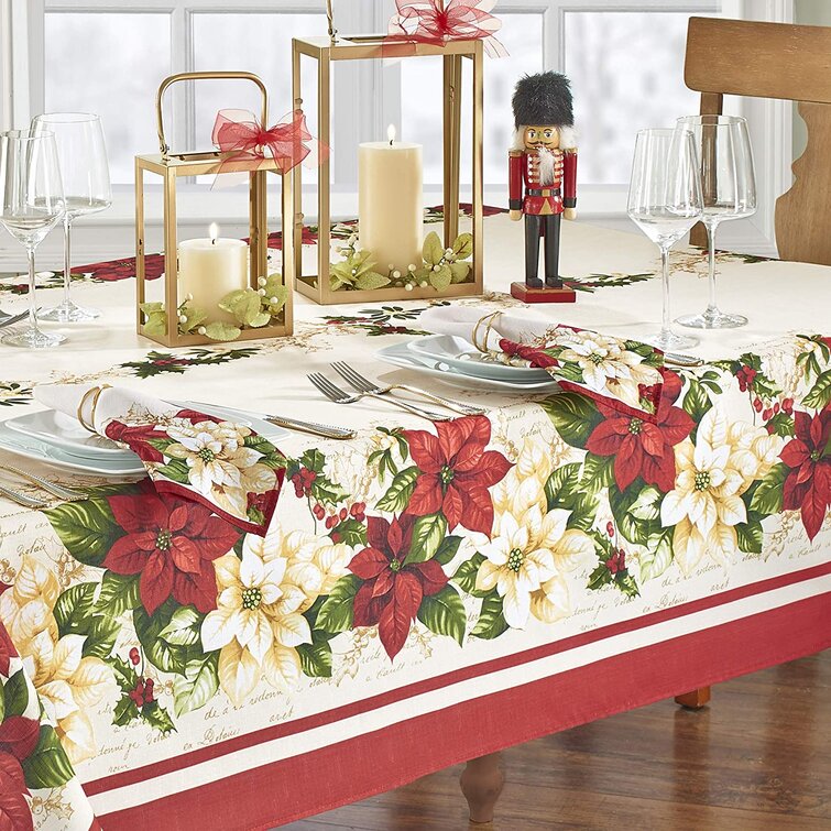 Holiday Winter Christmas Poinsettia Fabric Tablecloth