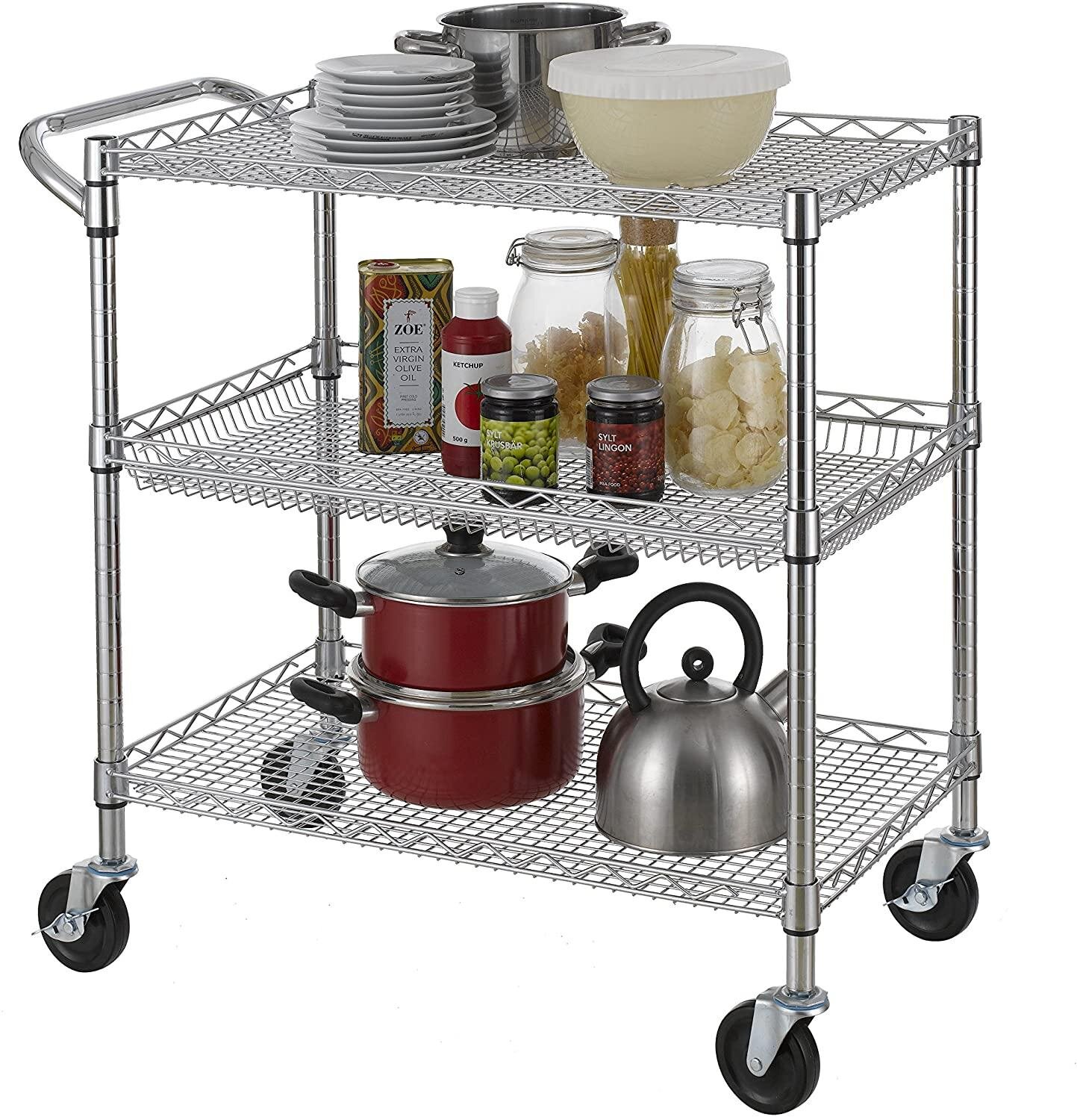 3 Shelf Stainless Steel Cart with Storage Utility Cart on Wheels Heavy Kitchen 