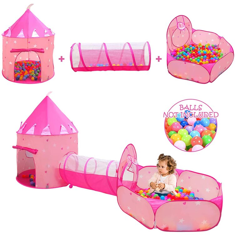 Toddler Playhouse for Indoor & Outdoor SparkleDay 3 pc Kids Princess Castle Play Tent Crawl Tunnel & Ball Pit with Basketball Hoop Toys for Girls and Boys 