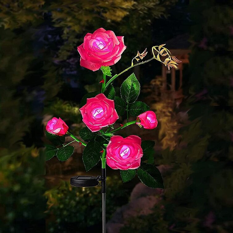 Bush of 3 Flowers LED Garden Stake Lawn Lights Solar Pink Rose 