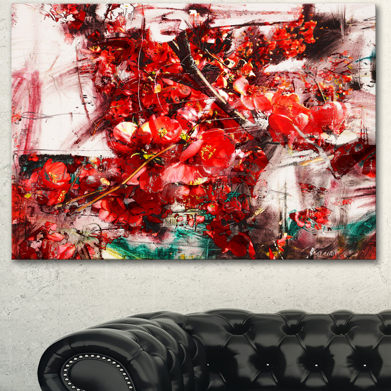 Designart Red Flowers Texture Watercolor Painting Print On