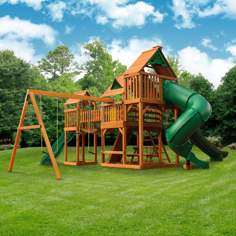 treasure trove clubhouse and playground swing set with wood roof