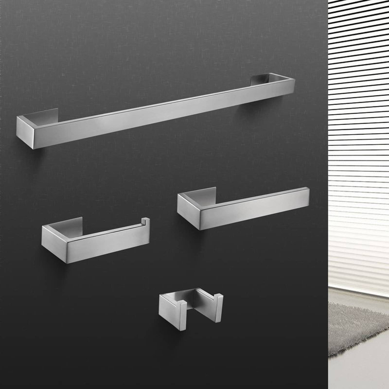 Bathroom Hardware Set Stainless Steel Stick On Wall, 2 Towel Bars 1 Toilet Paper Holder 1 Towel Hook Color: Brushed Nickel