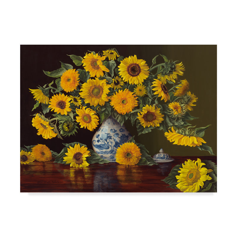 Charlton Home Sunflowers In Blue And White Vase Acrylic Painting