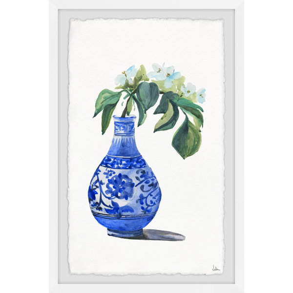 Bloomsbury Market Blue Vase With White Orchids Framed Watercolor