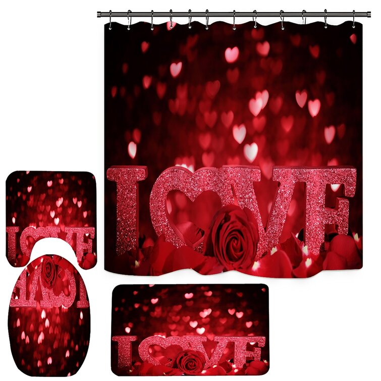 4Pcs/Set Red Rose Butterfly Waterproof Shower Curtain Bath Toilet Cover Mat Rug 
