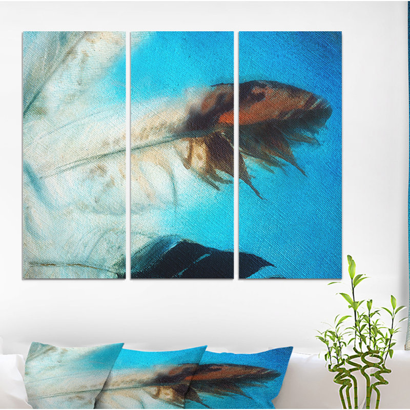 East Urban Home Eagle Feathers On Abstract Blue Oil Painting