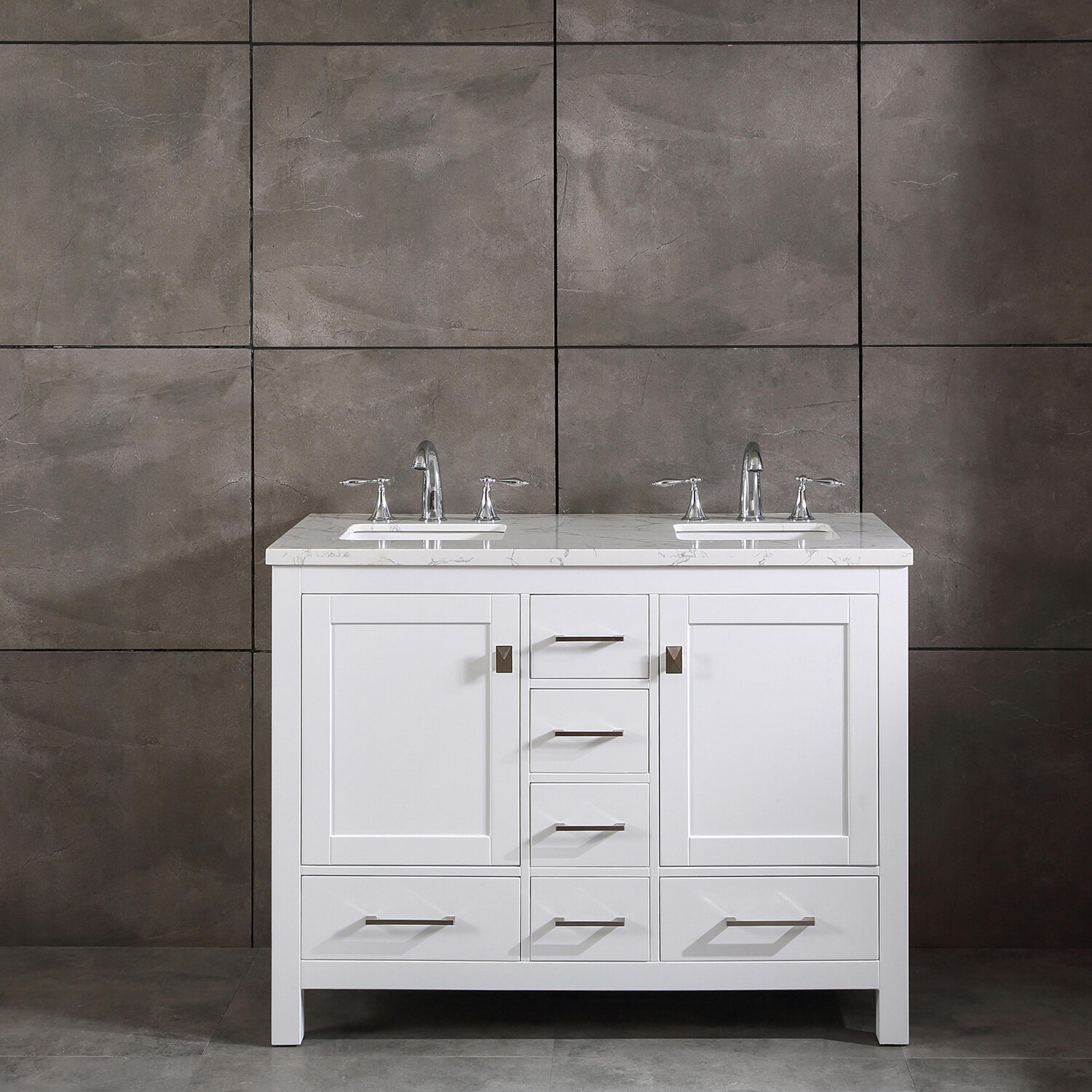 Latitude Run Dagheid 44 White Transitional Double Sink Bathroom Vanity W White Carrara Style Man Made Stone Top Wayfair Ca