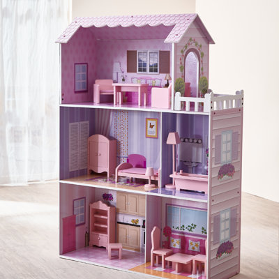 Teamson Kids Wooden 3-Story Dollhouse with 12-pc Accessory Set
