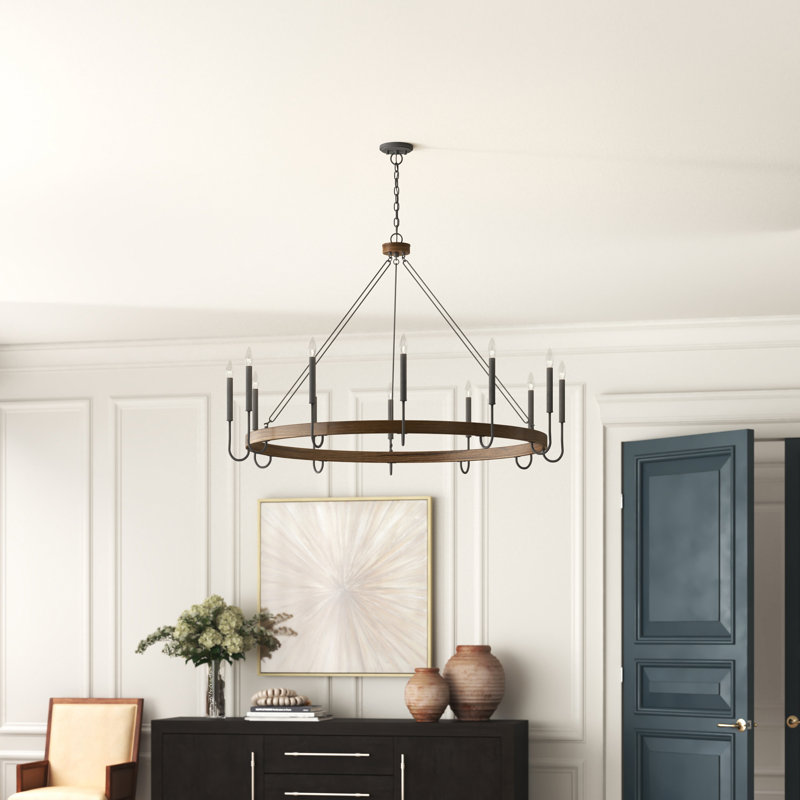Arango 12 - Light Living Room Steel Dimmable Candle Style Wagon Wheel Chandelier Finish: Black/Wood