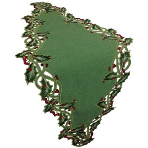 Holiday Holly Embroidered Cutwork Table Runner