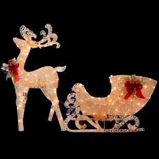 New 2 Pc Lighted Wire Frame Reindeer w Sled Sleigh Outdoor Christmas Decor 