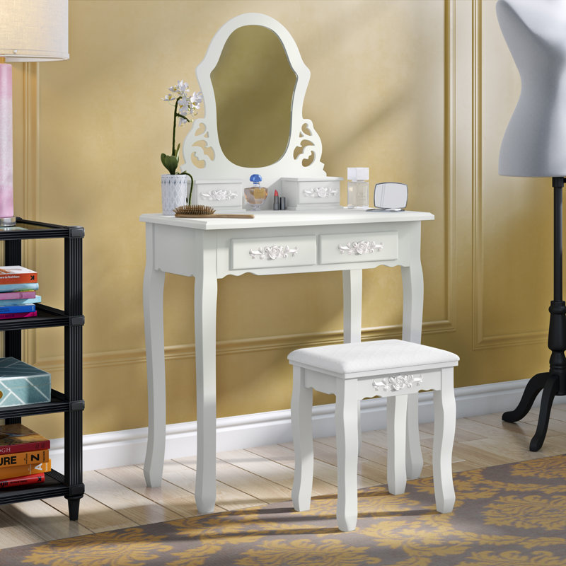 House Of Hampton Costway White Vanity Jewellery Wooden Makeup